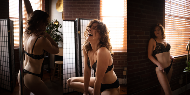 black lace lingerie, boudoir, woman laughing and being authentic in session